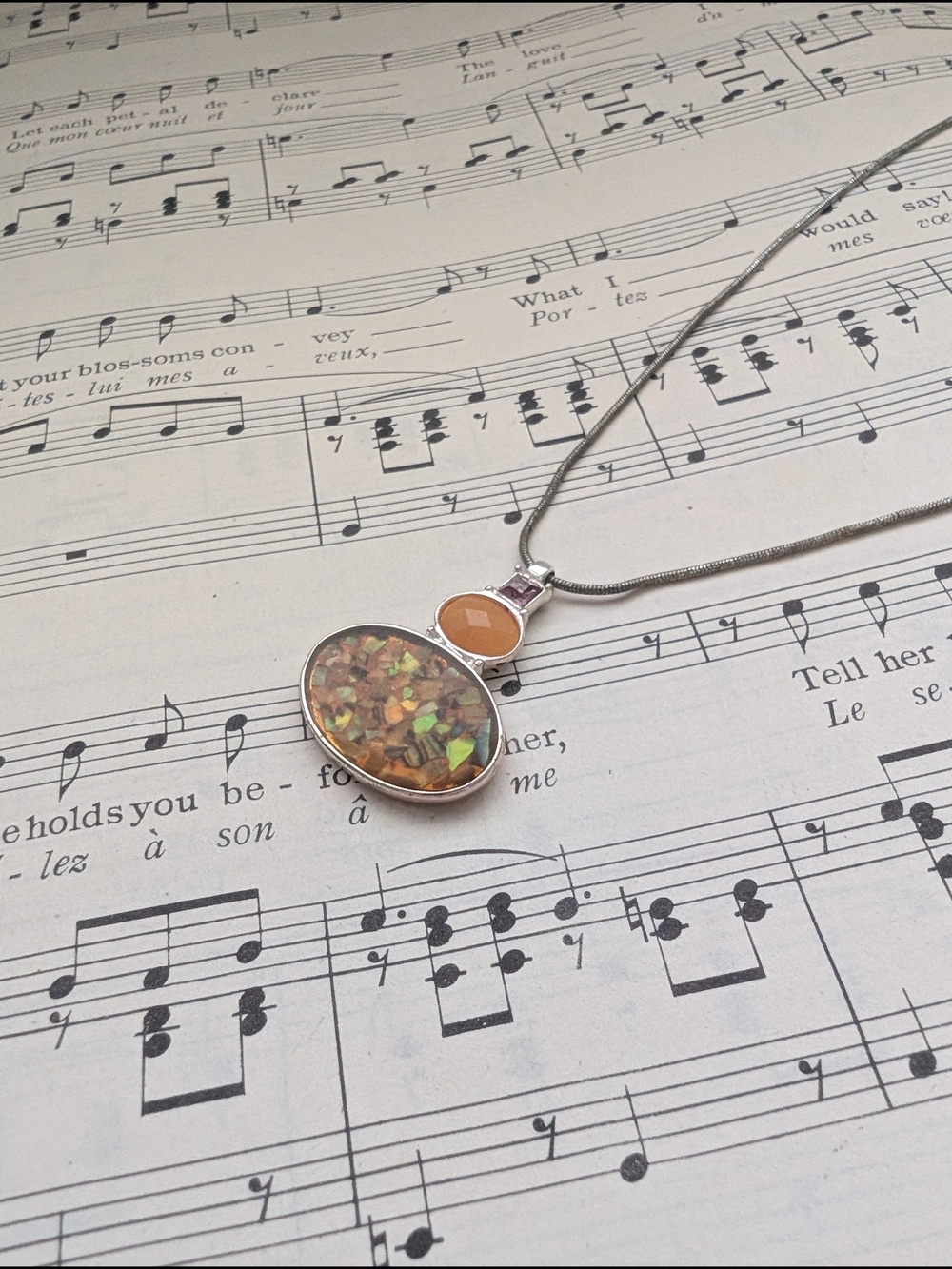 Iridescent Opal Mosaic Pendant Necklace with Peach Accent